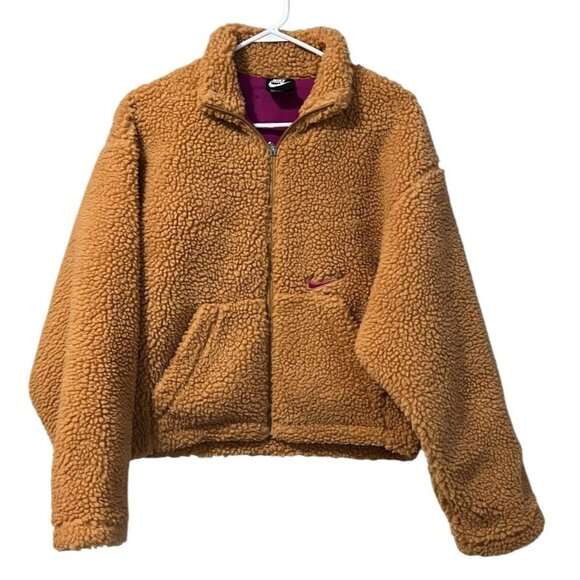 Nike Jacket Womens M Brown Swoosh Sherpa Full Zip Deep Pile‎ Fleece Logo Adult - Picture 1 of 16